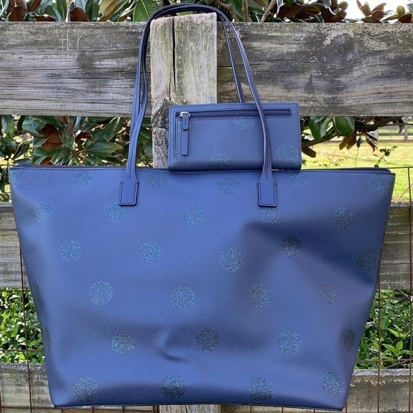 Kate Spade ♠️ Navy Blue Dot 🔵 Tote Bag Wallet Set - Picture 3 of 7